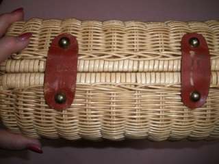   straw purse wicker rattan woven 1960s leather butterfly clasp  