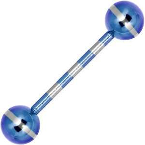  Blue Silver Striped Titanium Barbell Tongue Ring Jewelry