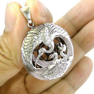 JAPANESE LUCKY CRANE TURTLE STERLING SILVER PENDANT  