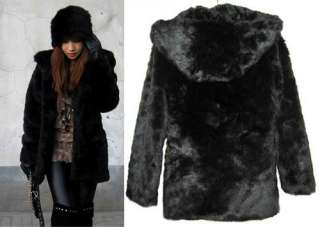 Black Thicken Faux Fur Parka Winter Coat long Jacket Hooded  