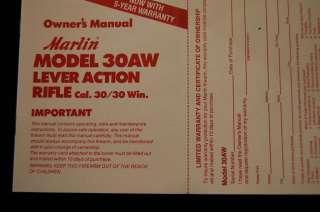Marlin Model 30AW Lever Action Rifle 30/30 Win. Owners Manual   3/95 