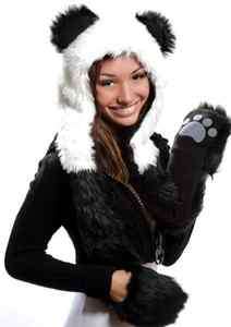 Celebrity Style Fashion faux fur PANDA BEAR Animal 3 in 1 Hoodie Scarf 