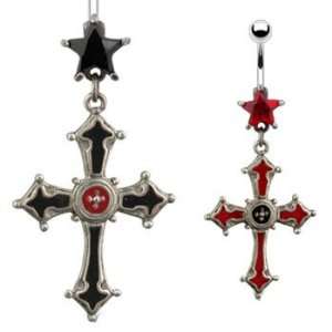  Jeweled star belly ring with dangling pewter gothic cross 