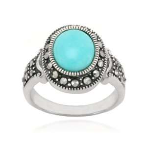  Sterling Silver Marcasite and Oval Synthetic Turquoise Ring 