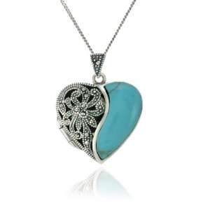  Sterling Silver Marcasite and Lab Created Turquoise Floral 