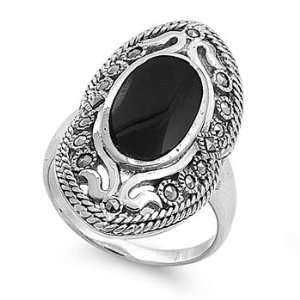  Antique Inspired Onyx Stone Ring for Women   Accented with Marcasite 