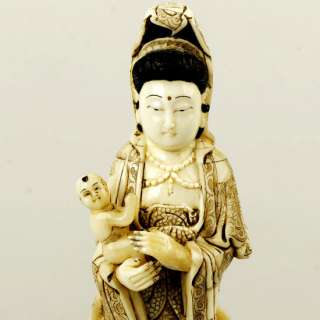 Carved OX Bone Carving Statue Kwan yin Send Baby  