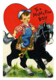 Vintage BOY & FLOCKED HORSE Die Cut Valentines Day Card ~ Hallmark 