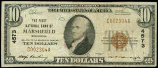 10 MARSHFIELD WISCONSIN 1929~#4573~NATIONAL CURRENCY~  
