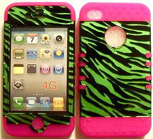 Green Zebra on Pink Silicone Apple iPhone 4 4S Hybrid 2 in 1 Rubber 