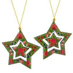 Set of 2 Paper Mache Flowers Star Christmas Ornaments (India 