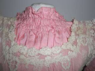   VICTORIAN ANTIQUE TWO PIECE PINK SILK & LACE DOLL DRESS  