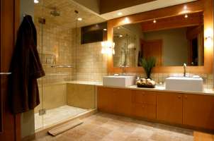 Bath lighting in spacious modern bathroom