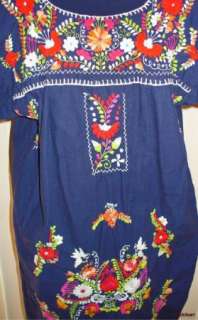 Mexican Embroidered Vintage Tent Dress Crochet Flowers Basket Blue 
