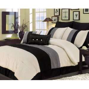   Faux Silk Black/Cream/Gray 7 Piece Comforter Set