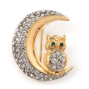  Clear Swarovski Crystal Owl On The Moon Brooch In Gold 