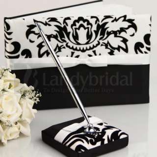 New Elegant White and black Florish Satin Wedding Guest book and Pen 