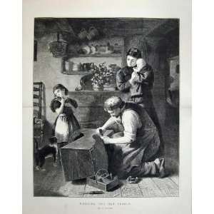   Fine Art 1873 Man Mending Baby Cradle Girl Kitten Cat