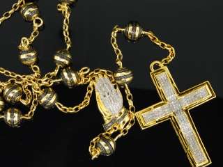 MENS YELLOW GOLD FINISH 5CT DIAMOND JESUS ROSARY CHAIN PRAYING HANDS 