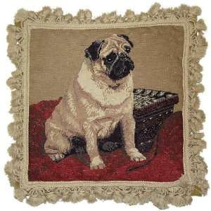  Fawn Pug Portrait Fringed Dog Needlepoint Throw Pillow 