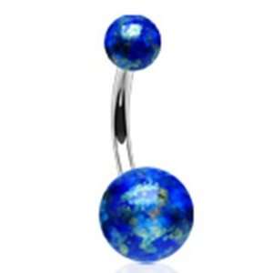 Belly Button Navel Ring with Blue Fossil Balls and Surgical Steel Bar 