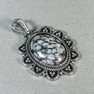 Snowflake Obsidian Silver Plated Pendant   Beautiful Black Stone Gray 
