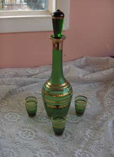 Vintage Green Hand Blown Glass Decanter Glasses Gold Ba  