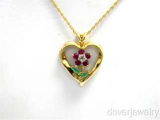 Estate Diamond Gold Ruby Emerald Flower Heart Pendant NR  