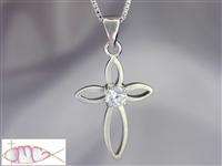 sterling silver satin open cross pendant necklace w 4mm round clear cz
