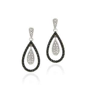 925 Silver Black Diamond Accent Double Teardrop Dangle Earrings  