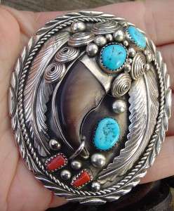 NICE VINTAGE SIGNED ES NAVAJO STERLING/TURQUOISE/CORAL/CLAW BOLO TIE 