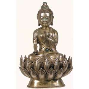  Tibetan Silver Statue Buddha Lotus Throne 