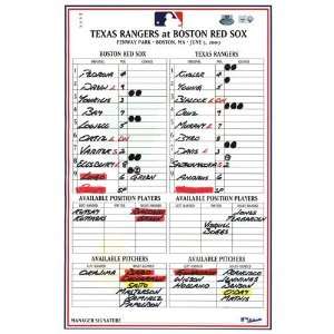  Rangers at Red Sox 6 05 2009 Game Used Lineup Card Sports 