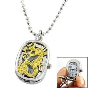  Gold Tone Dragon Pattern Cover Oval Pendant Necklace Watch 