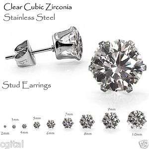 Clear Stud Earrings, Brilliant Round Cut CZ Stainless Steel   Sizes 