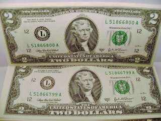 Bills  2003A $2 Dollar Bill Consecutive serial Number USD Money Mint 