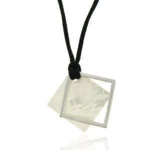   Sterling Silver White Shell Black Leather Cord Square Necklace