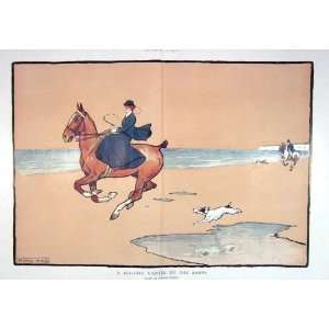  1907 MORNING CANTER SANDS LADY HORSES DOGS COLOUR PRINT 