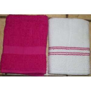  Set of Bath Towels Hot Pink and White with Hot Pink 