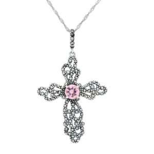   Silver Marcasite and Pink Glass Open Work Cross Pendant, 18 Jewelry