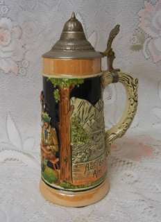 Vintage German Lidded Beer Stein Mug Hand Painted  