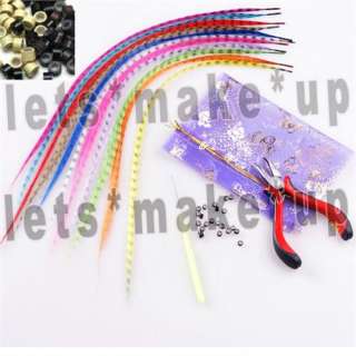 110 X GRIZZLY Synthetic Feather Hair Extensions +plier + 110 beads 