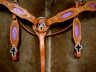 BRIDLE BREAST COLLAR WESTERN LEATHER HEADSTALL PURPLE CROSS HORSE TACK 