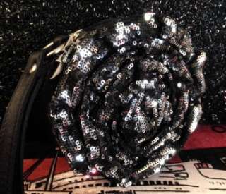 NWT RARE Betsey Johnson BLACK SILVER SEQUIN ROSE Wristlet Tote EVENING 