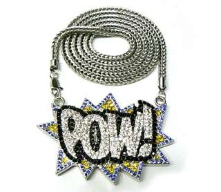 Silver Blue CZ Stones Pow Pendant Necklace Charm Chain  