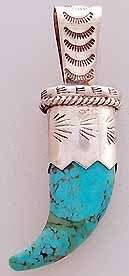 Native American Carved Turquoise Bear Claw Pendant  