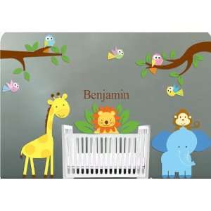   Elephant Giraffe Monkey Lion Birds 2 Tree Branches and Childs Name