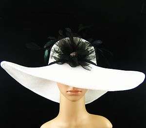   Kentucky Derby WHITE Hat Feathers Wide Brim Dress Wedding Tea Party