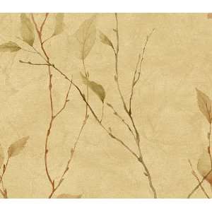  Tan Green Birch Leaves Wallpaper