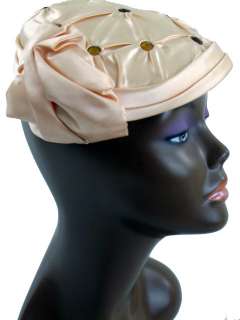 Beautiful Vintage 60s Peach Satin Rhinestone PillBox Hat  